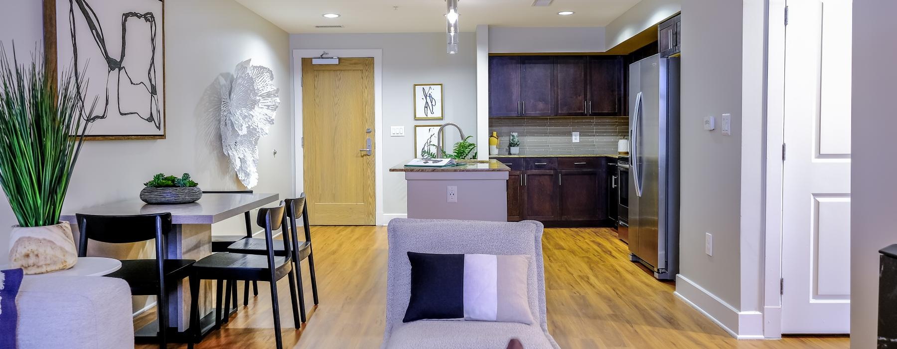a living room with a wood floor